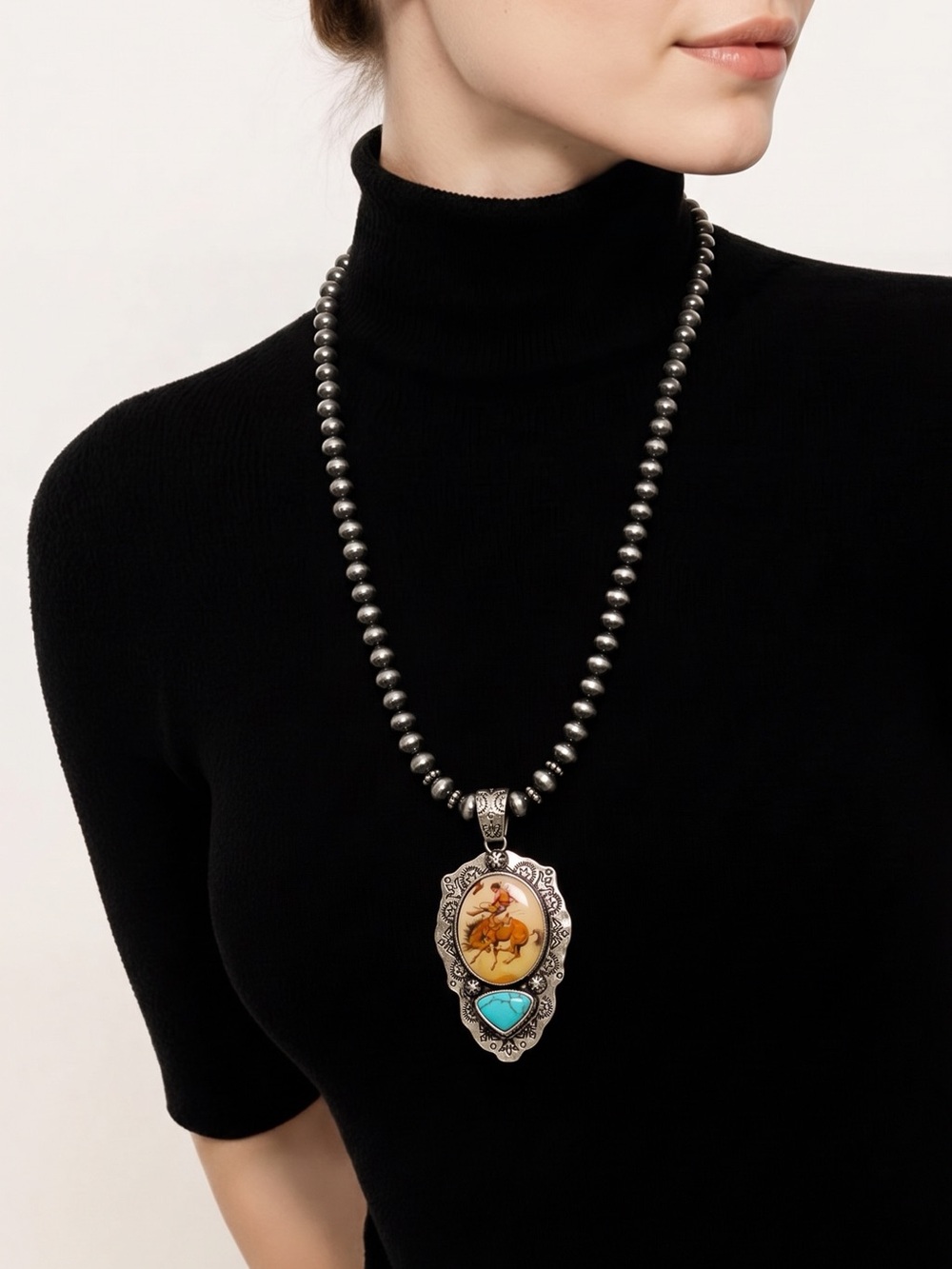 NWT Western Print Pendant Navajo Style Pearl Necklace with Turquoise Pendant